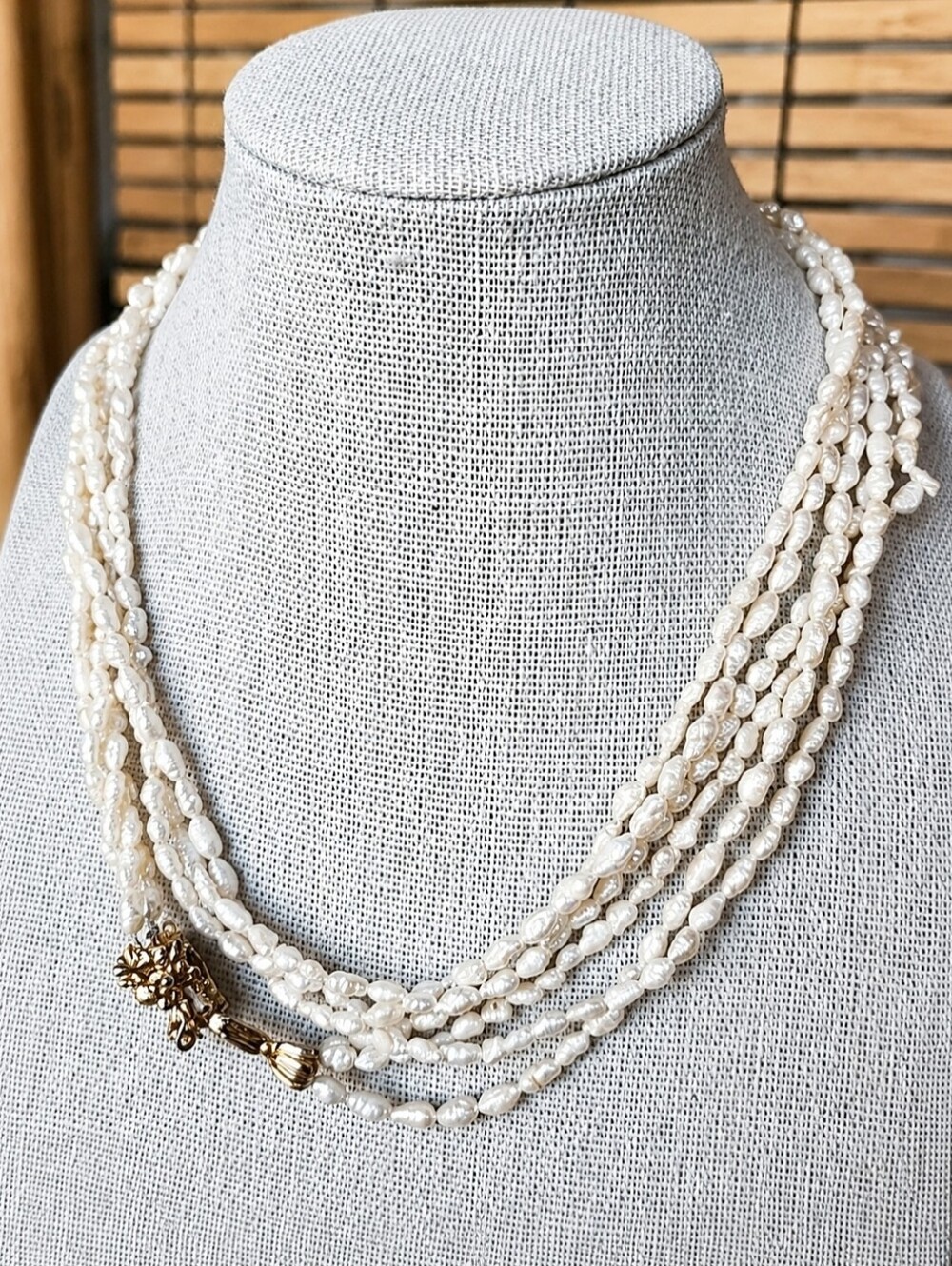 3D Dragon Clasp Gritty Rice Pearls 3 Strand Gold Tone Vintage Necklace EUC